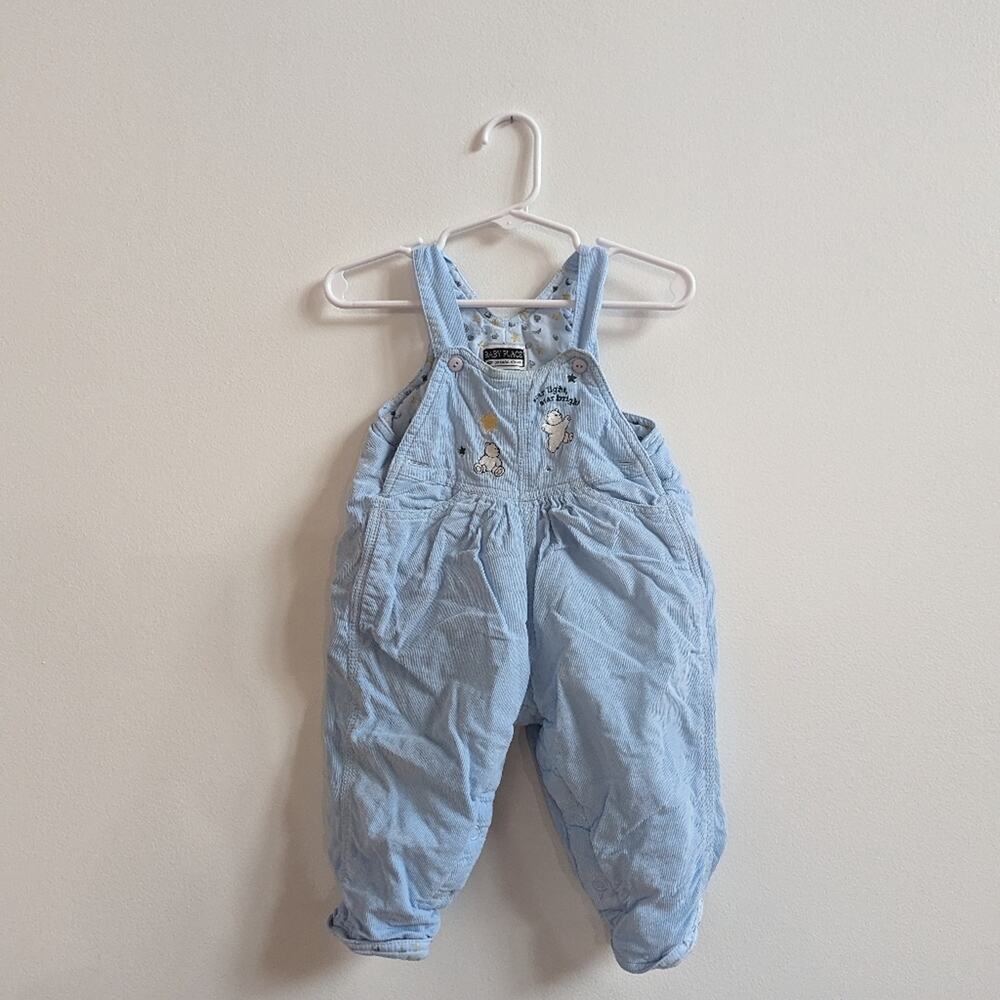 Vtg Baby Place Overalls Boys Sz 6-9m Bear 90s Blue Corduroy